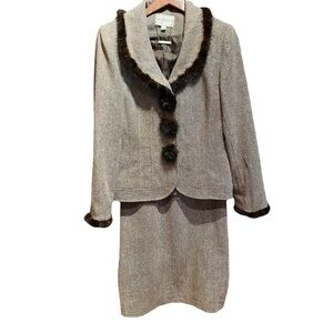 VTG Couture MINK Detailed Lily & Taylor Brown and Gold Tweed Suit Jacket & Skirt